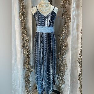 No Boundaries Boho Maxi Jumpsuit Blue  Crochet Lace Junior Medium‎ Crinkle Crepe